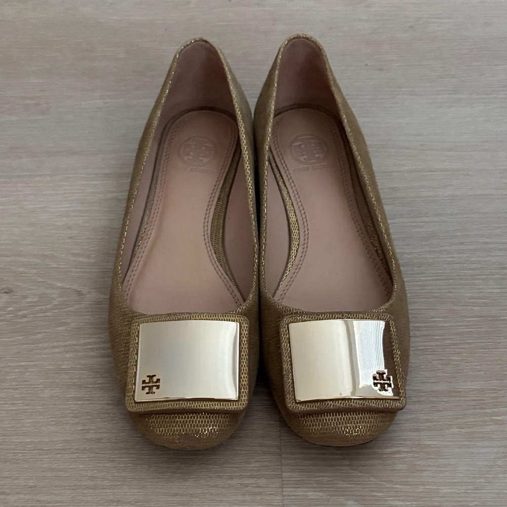 Tory Burch Metallic Gold-Tan Logo Buckle Ballet Flats